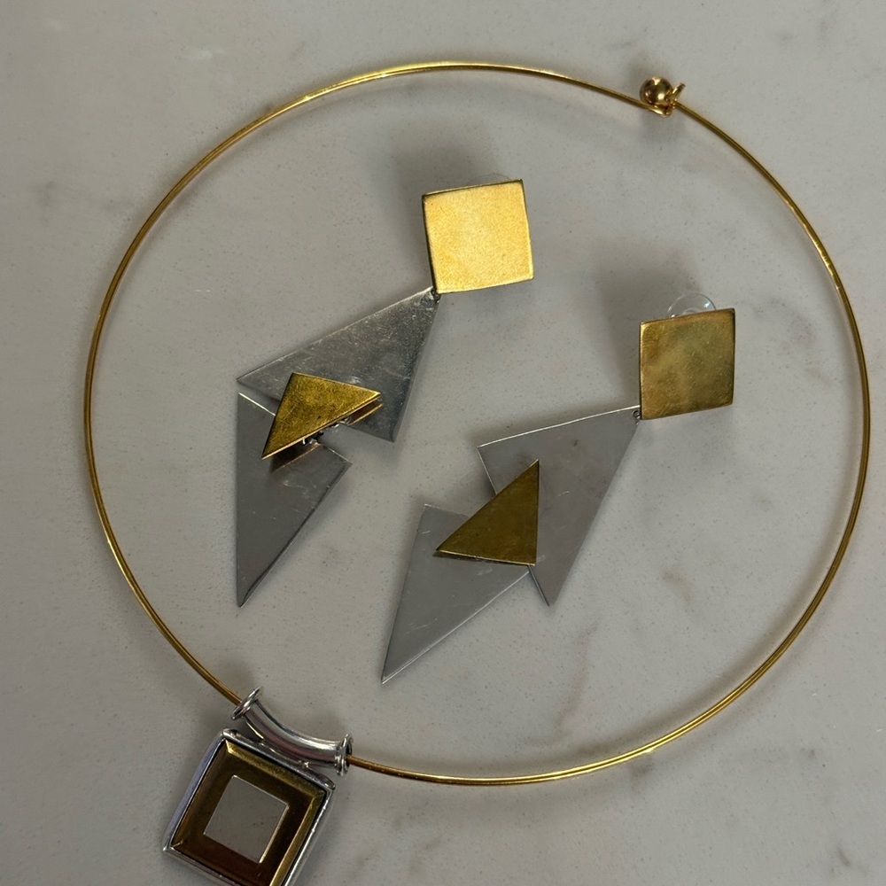 Taxco Sterling Silver and Brass Jewelry Set - Dangle Earrings and Necklace - Picture 4 of 9